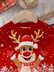 SHEIN 女婴可爱搞笑卡通圣诞驯鹿扎染雪花圣诞红喜庆休闲柔软厚圆领长袖运动衫和紧身裤套装，适合秋冬季 - 彩色 - 查看 4