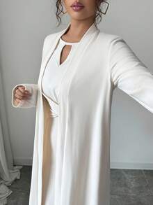 Elenzga Round Neck Hollow Out Brushed Knit Ribbed Autumn/Winter Warm Bodycon Waist Design Dress Long Sleeve, Can Be Worn Inside Or Outside, Shawl Collar Open Front Loose Long Cardigan, Elegant French Style Commuting & Date 2-Piece Set For Women