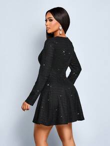 SOLERSUN Women's Black Autumn Elegant Slim Hollowed-Out Collar A-Line Dress,Perfect For Dinner Date,Party And Winter Daily Wear Fall - Black - View 2