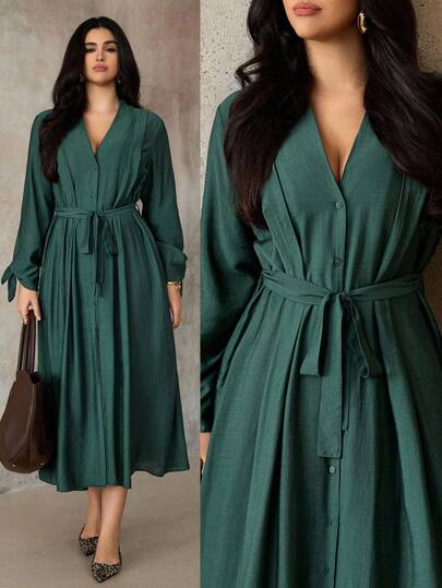 Roveilla 大码女式V领双层荷叶边领蝴蝶结长袖宽松衬衫，优雅法式浪漫甜美，适合办公室通勤、休闲街头风格；百搭秋冬深绿色大码女式连衣裙；绿色连衣裙；曲线绿色中长连衣裙；长袖优雅连衣裙；猎人绿连衣裙