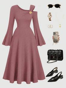 SHEIN Elenzya Gaun Pesta Maxi Bodycon Elegan Wanita Ukuran Plus Warna Polos Rajut Bergaris Bahu Asimetris Lengan Mengembang dengan Hiasan Ruffle - Dusty Pink - View 3