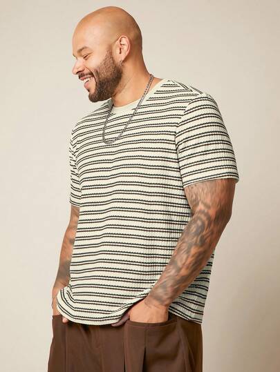 EASEVO قميص تي شيرت كاجوال مخطط بياقة دائرية وأكمام قصيرة مناسب للرجال ذوي الحجم الكبير، مناسب للصيف