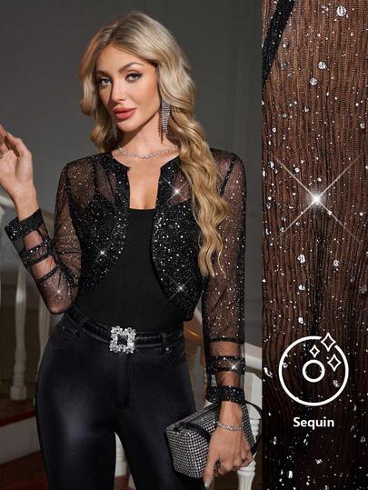 Gownix Plus Size Women's Sequin Mesh Open Front Lightweight Jacket, Winter Christmas New Year Thanksgiving Stylish Party Jacket, Sparkly Jacket, Date, Prom, Glittery Jacket