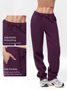 GLOWMODE 30'' Everyday Fleece Wide Leg Adjustable Drawstring Waist Basic Joggers Sweatpants With Side Pockets Daily Casual - Cherry Cola - View 3