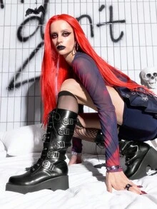 Sugerpunk 女式朋克风格厚底粗跟高筒靴，黑色哥特式金属圆形星形扣装饰，高跟过膝舒适马靴 - 黑色 - 查看 3