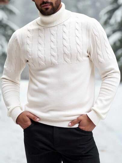 Manfinity VCAY 男士休闲毛衣，带抽绳和竖条纹修身套头衫，高领，男士羊绒，男士服装，针织服装，男士高领衬衫，男士毛衣，秋冬