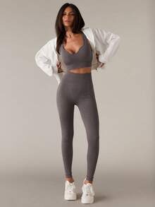 SHEIN BAE Bộ đồ tập thể thao nữ liền mạch co giãn cao Áo ngực & quần legging Bộ đồ tập thể dục cho nữ Bộ đồ legging cho nữ - Cà phê nâu - Xem 1