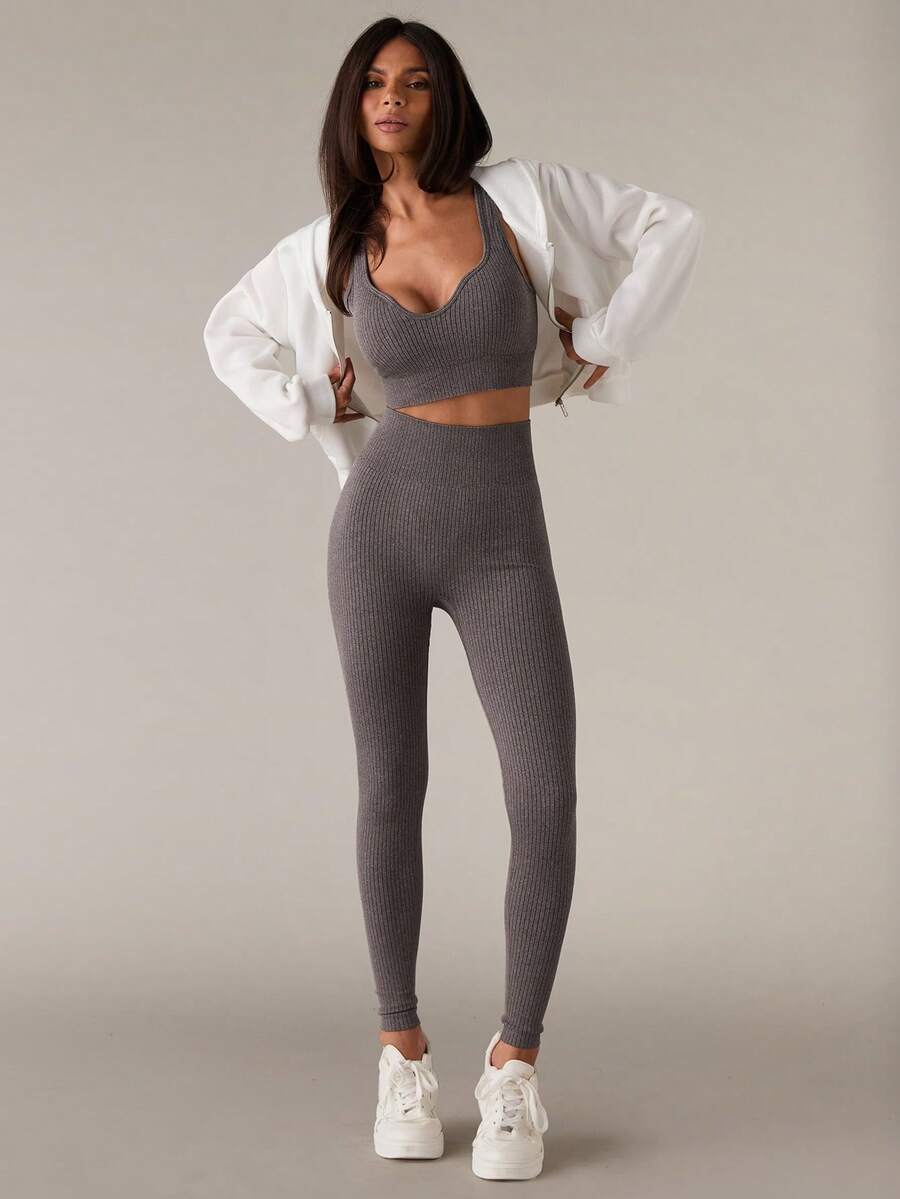 SHEIN BAE Bộ đồ tập thể thao nữ liền mạch co giãn cao Áo ngực & quần legging Bộ đồ tập thể dục cho nữ Bộ đồ legging cho nữ - Cà phê nâu - Xem 1