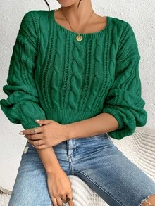 SHEIN LUNE 秋季休闲纯色方领短款毛衣 - 墨綠色 - 查看 5