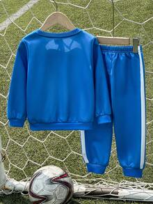 Captain Tsubasa X SHEIN 2pcs/Set Young Boy Sports Casual Figure Graphic Crew Neck Long Sleeve Sweatshirt And Pants Knit Suit, Blue - Blue - View 2