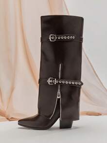 SHUZIA Women's Fashionable Comfortable Point Toe Buckled Straps Fold Over Knee High Boots - Chocolate Brown - View 5