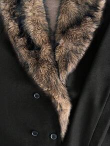 Xyvia 标准尺寸女式长款翻领大衣，仿毛领，双排扣，A 字型，秋冬款 - 黑色 - 查看 7