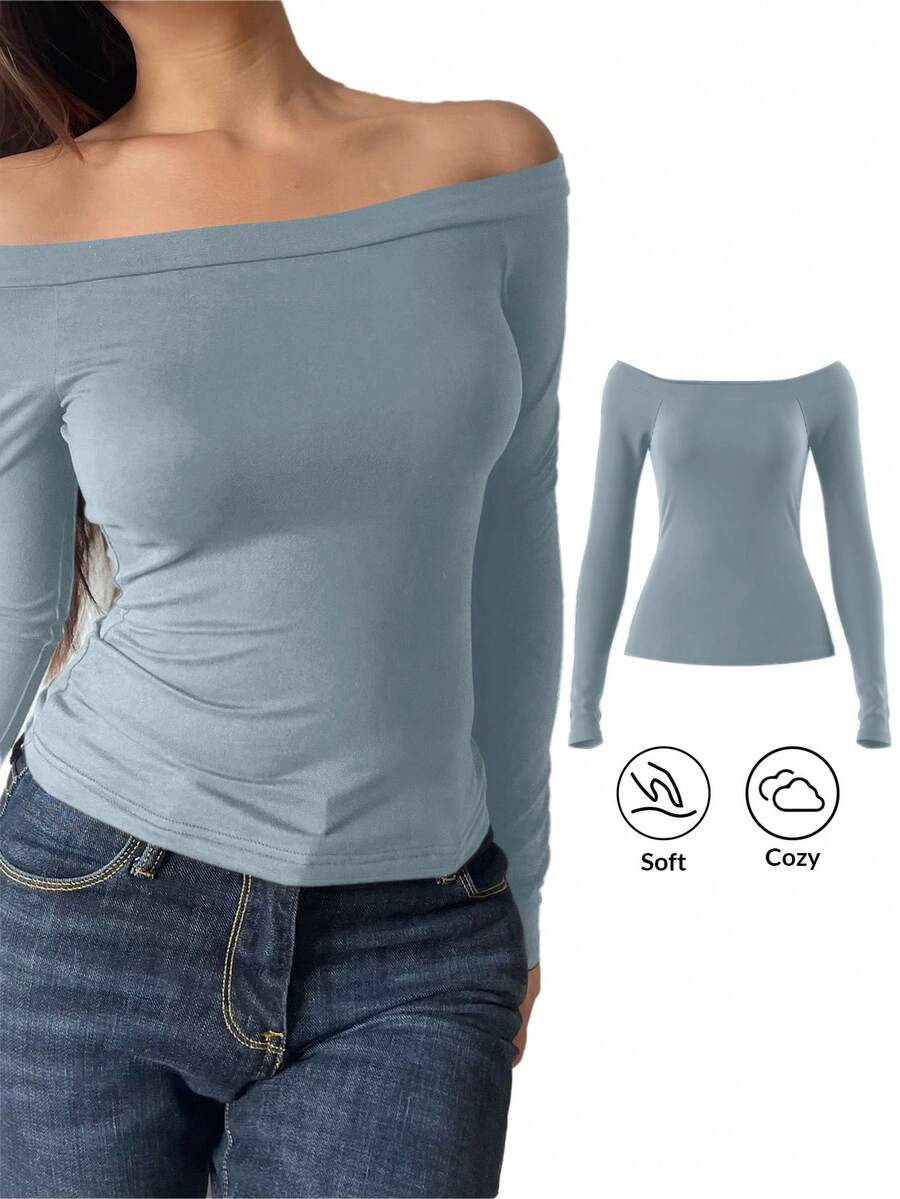 SHEIN BASICS 休閒純色針織露肩長袖修身版型女款上衣 - 藍色 - 查看 1