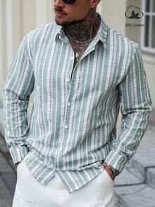 Manfinity CasualCool Áo sơ mi nam tay dài họa tiết sọc màu đơn giản, mặc đi làm hàng ngày, mùa xuân/thu - Nhiều màu - Xem 4