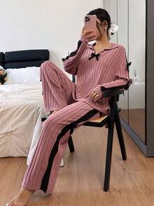 SHEIN Dream Adore 可爱罗纹拼接撞色滚边蝴蝶结装饰女士长袖上衣和裤子睡衣套装，秋冬服装 - 藕粉色 - 查看 2