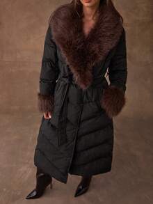 SHEIN BAE 女式冬季休闲通勤加厚外套，人造毛领，系腰带，长款 - 綠色 - 查看 4