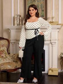 SHEIN MOD Áo thun lưới tay loe chấm bi trắng cổ điển thanh lịch cỡ lớn. Áo thun lưới cổ vuông chấm bi tay loe nơ cho nữ, Áo đi chơi, Sinh nhật, Câu lạc bộ, Gợi cảm, Y2K, Hòa nhạc đồng quê - Nhiều màu - Xem 9