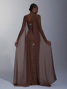 Elitara Elegant Minimalist Wasteland Style Crochet Sequin Asymmetrical Arc Bustier Luxurious Handmade Beaded High Waist Slim Fit Straight Skirt With Back Slit (Detachable Chiffon Flounce), Suitable For Various Formal Occasions Such As Evening Gowns, Dates, Weddings (Heavy Embellishment) - Coffee Brown - View 4