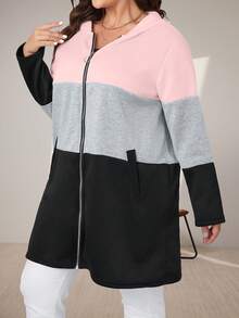 Momelise Plus Colorblock Zip Up Hooded Coat Fall Winter Cloth For Women Autumn