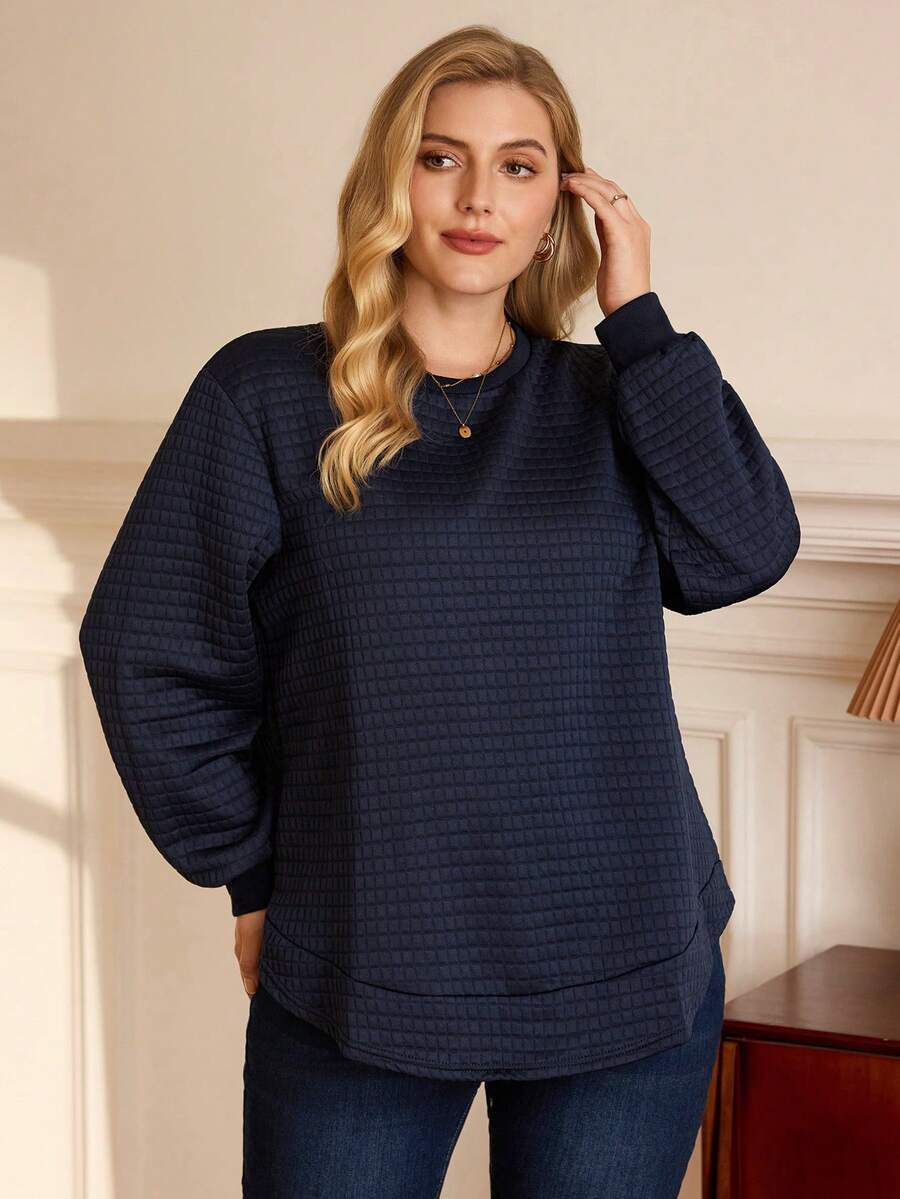 Rosumi Women Plus Size Plain Texture Arc Hem Casual Sweatshirt, Autumn/Winter Fall - Navy Blue - View 1