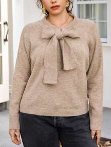 CosyJoli 秋冬大码女式优雅法式蝴蝶结休闲浪漫针织衬衫 - 卡其色 - 查看 3