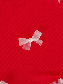 年轻女孩可爱优雅休闲红色T恤上衣和心形裙子套装 - 紅色 - 查看 4