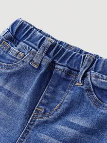 SHEIN 女婴松紧腰口袋磨边喇叭裤腿牛仔裤 - 深色水洗藍 - 查看 3