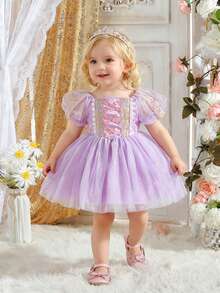 SHEIN Baby Girl Puff Sleeve Mesh Party Princess Dress - Purple - View 1