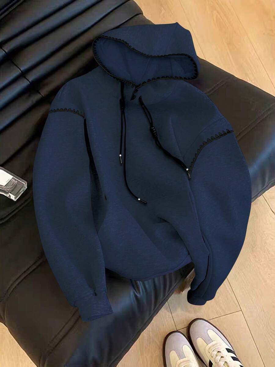 GlowEve Damen Lässig Kontrast Saum Kordelzug Kapuzen Sweatshirt, Herbst - marineblau - Übersicht 1