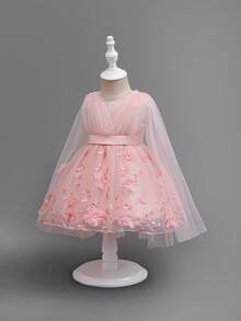 SHEIN Glamorique Kids 女婴香槟色刺绣网纱薄纱连衣裙（带披肩），公主花童连衣裙，适合婚礼、派对、生日、正式场合