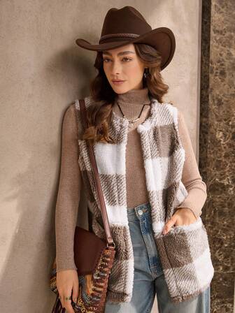 Wildy Buffalo Plaid Print Open Front Teddy Vest Coat In Fall/Winter