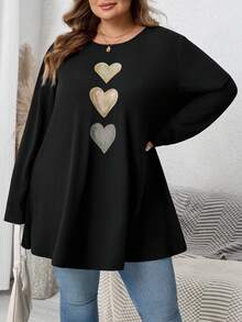 SHEIN CURVE+ Áo thun tay dài cổ tròn in hình trái tim cỡ lớn dành cho nữ - màu đen - Xem 8