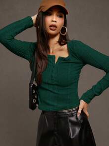 Siren Gaze 女士休闲针织百搭基本款圆领半扣罗纹针织长袖T恤修身T恤返校T恤教师T恤教师服装秋季女上衣秋季女装 - 墨綠色 - 查看 8