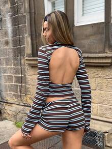 SHEIN EZwear 棕色条纹长袖上衣和条纹短裤，女士两件套，条纹两件套，舒适两件套，秋季 - 彩色 - 查看 2
