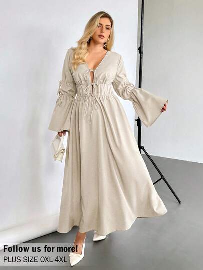 Auralis 大码女式夏季长袖连衣裙，秋季连衣裙喇叭袖连衣裙，亚麻色连衣裙女士休闲连衣裙女士端庄连衣裙夏季度假连衣裙，外出连衣裙领结连衣裙，可爱的夏季服装