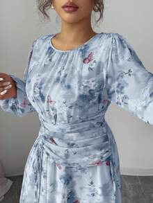 Modelyn Vestido de manga larga con cuello redondo, fruncido y estampado de mariposas de gasa - Azul - Ver 4