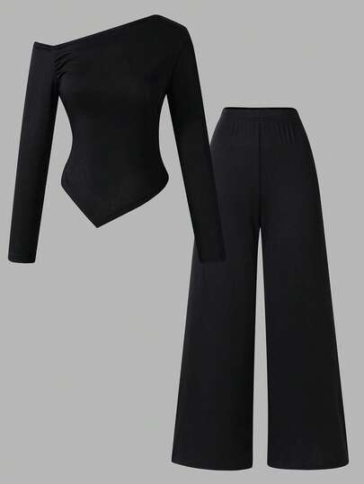 Sparklyn 少女纯色不对称下摆长袖T恤和阔腿裤休闲套装