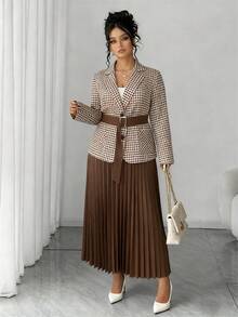 SHEIN Elenzya 2025秋季优雅休闲西装外套配腰带，时尚修身收腰千鸟格印花夹克和纯色百褶长裙两件套，休闲复古浪漫，适合日常穿着、约会、通勤 - 咖啡棕 - 查看 3
