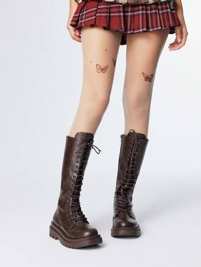 Goth Women's Knee-High Boots Fashionable Lace-Up Thick-Soled Chunky Heel Women's Boots