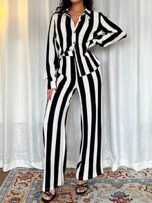 EMERY ROSE 女士法式优雅休闲通勤返校黑白条纹长袖两件套 - 黑與白 - 查看 5