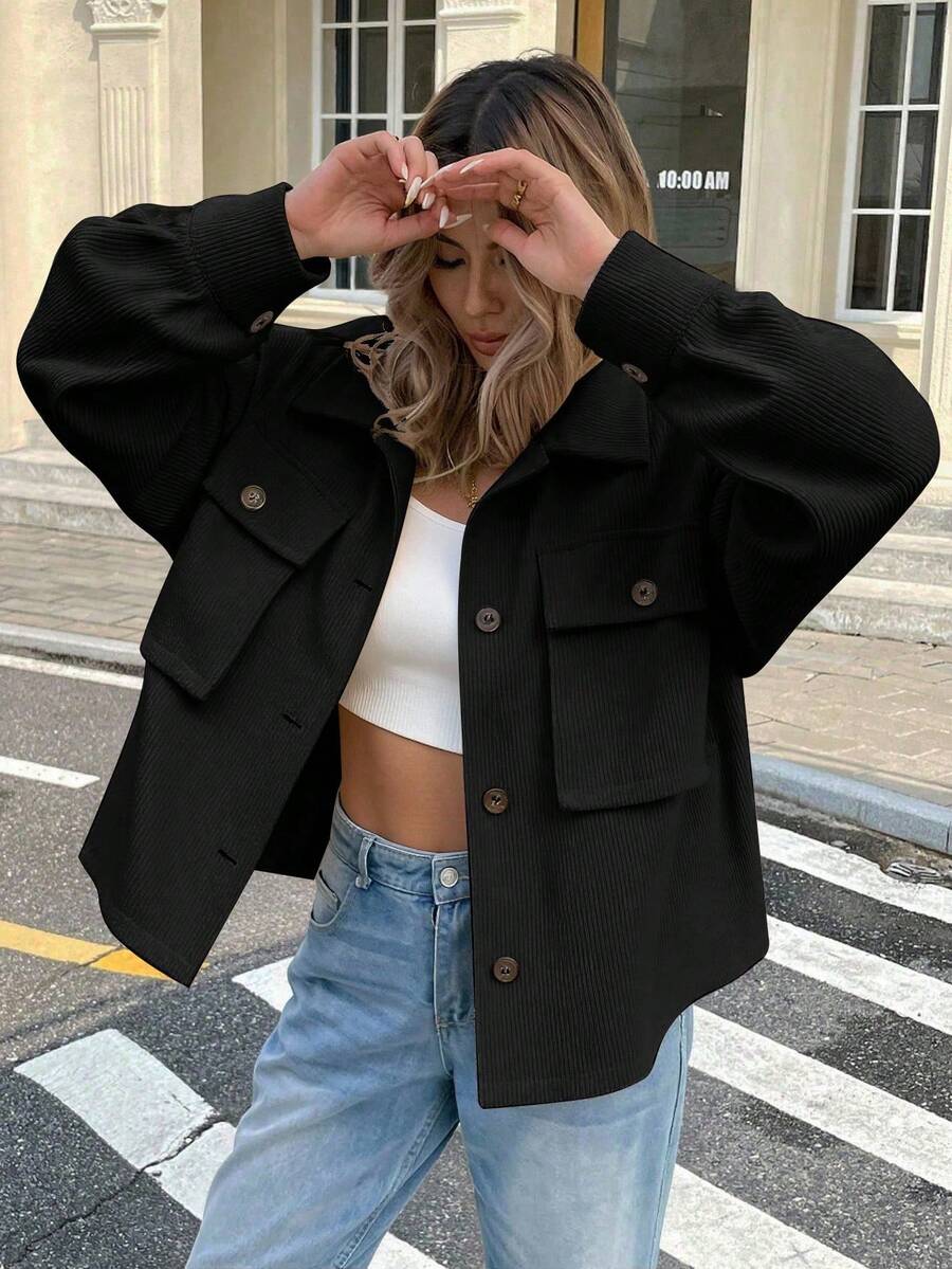 Serisse Women Plain Simple Long Sleeve Jacket In Fall/Winter Black Casual - Black - View 1