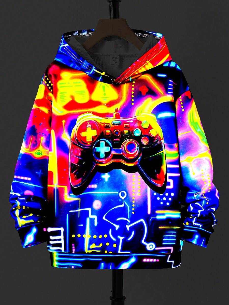 SHEIN 青少年男童休闲夜光游戏机图案简约长袖卫衣,适合秋冬季穿着 - 黑色 - 查看 1