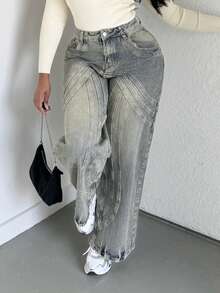 Alexandranx 缝线宽松牛仔裤，春季 90 年代 Y2k 休闲可爱浓咖啡西部音乐会节秋季秋冬纳什维尔秋季秋季返校办公室工作 - 芥末黃 - 查看 4