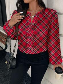 EMERY ROSE Camicia casual a maniche lunghe da donna, elegante e romantica, con motivo a quadri natalizi, adatta per l'autunno/inverno, blusa da donna autunnale, abbigliamento esterno