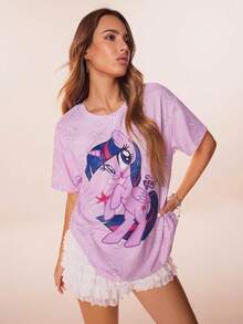 My Little Pony X SHEIN 女式休闲可爱小马印花圆领短袖T恤，夏季 - 紫色 - 查看 6