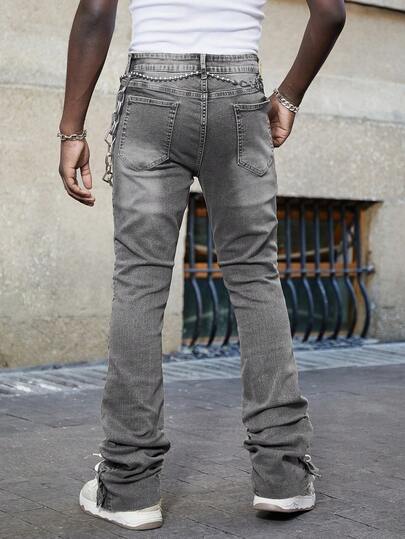 Street Life Jeans décontractés à jambe évasée et superposés en denim lavé avec poches pour hommes