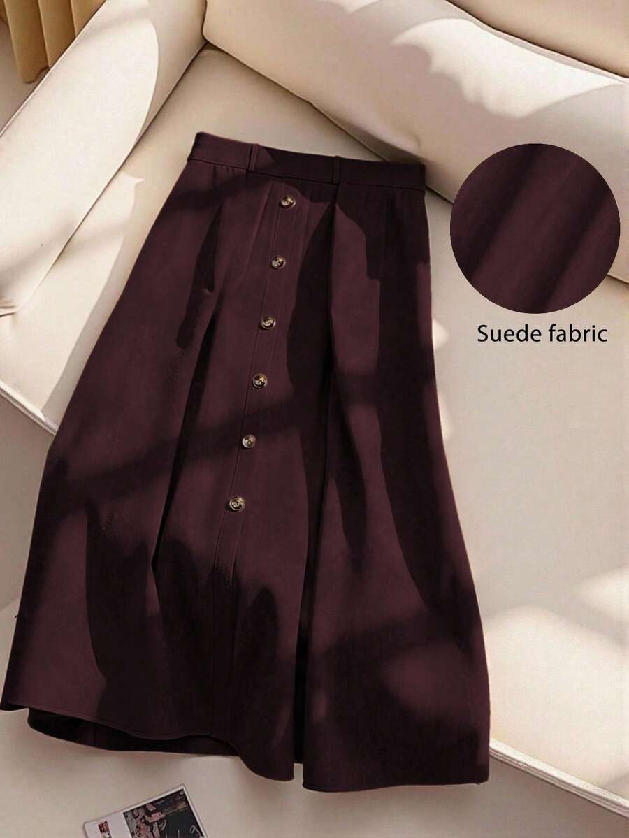 GlowEve CURVE 大码优雅女式绒面革纽扣 A 字裙，适合返校、毕业、节日、情人节、音乐节、母亲节、万圣节、感恩节、复活节、国庆节、舞会、约会、派对、婚礼、郊游、秋冬 - 酒紅色 - 查看 1