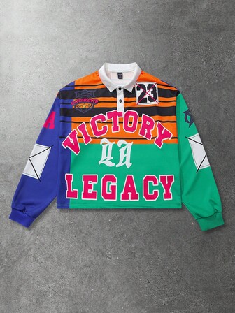 Street Life Men's Contrast Color Preppy Patchwork Letter Print Polo Collar Sweatshirt, Autumn