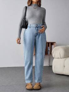SHEIN Maternity Fall Autumn Winter Halloween Christmas New Year Thanksgiving Commuting Vacation Y2k Cute Streetwear Birthday Airport Party Old Money Work Casual Everyday Commute Versatile High Waist Cuffed Hem Straight Leg Jeans Thermal Lined Warm Jeans For Women High Waist Light Wash Elastic Denim Pants Cozy Winter Style Blue Jeans