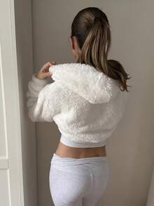 SHEIN EZwear Drop Shoulder Zipper Hooded Crop Teddy Jacket In Fall/Winter - White - View 3